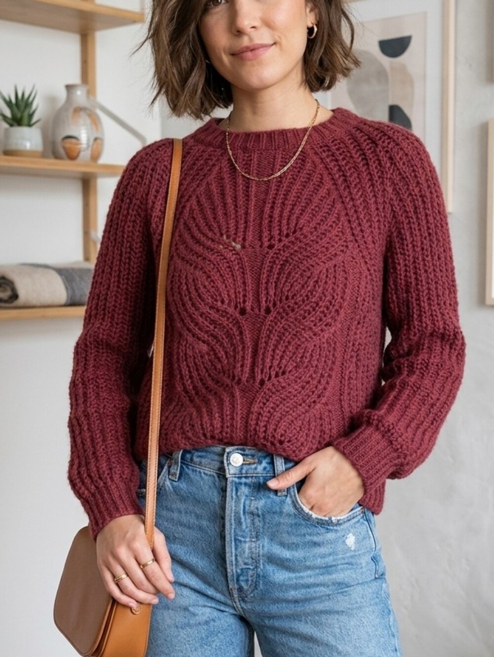 Elsamanda Italy Alpaca Blend Leaf Knit Sweater - Burgundy - Size M